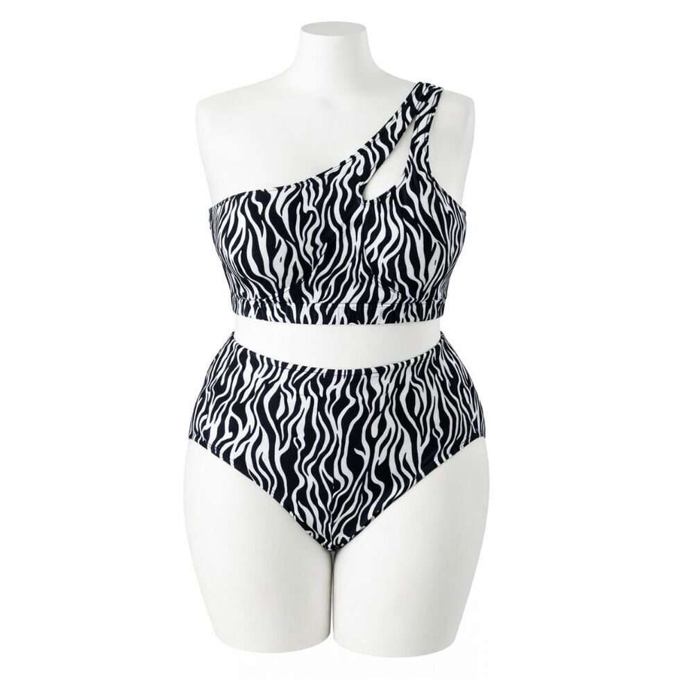 Eloquii Black and White One-Shoulder Zebra Bikini